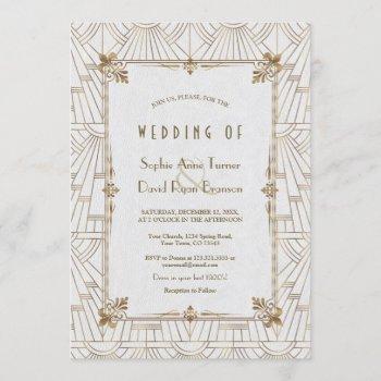 20s royal fleur-de-lis art deco gold white wedding invitation