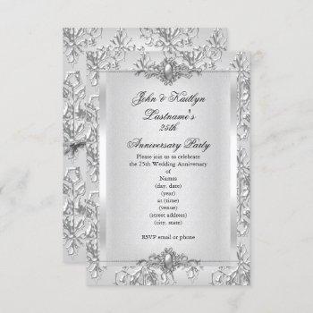 25th anniversary party damask silver white small invitation