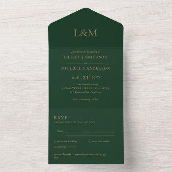 3in1 forest green gold text only wedding invite