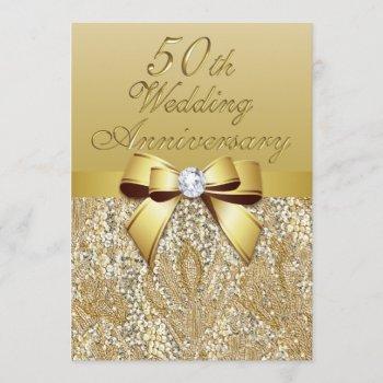 50th gold wedding anniversary faux bow sequins invitation