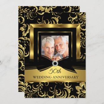 Small 50th Wedding Anniversary Black Gold Damask Photo Front View
