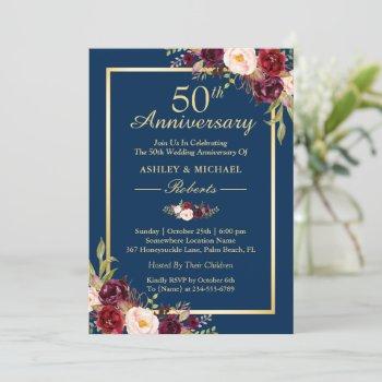 Small 50th Wedding Anniversary Burgundy Floral Navy Blue Front View