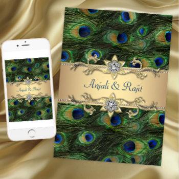 5x7 emerald green elegant peacock wedding invitation