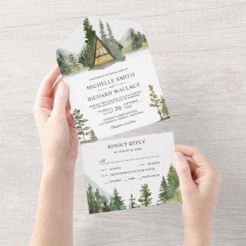 a-frame cabin lodge rustic mountain forest wedding all in one invitation