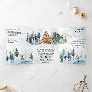 a-frame cabin lodge winter mountain forest wedding tri-fold invitation