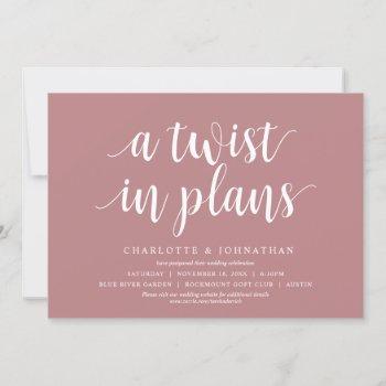 a twist in plans, wedding change the date invitation