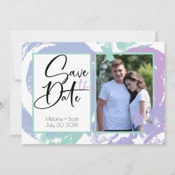 abstract brush strokes teal lilac save the date invitation