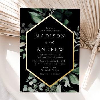 abundant greenery black and gold frame wedding foil invitation