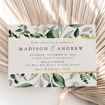 abundant greenery cream wedding gold foil invitation