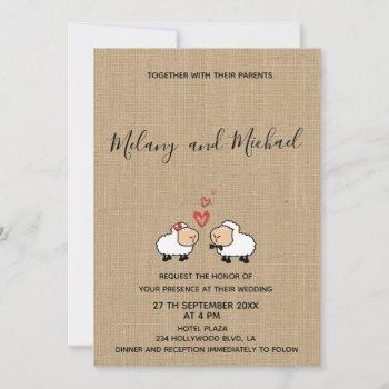 adorable cute funny cartoon sheep in love burlap invitation