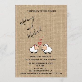 adorable cute funny cartoon sheep in love burlap invitation