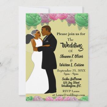 african american bride & groom floral  invitation