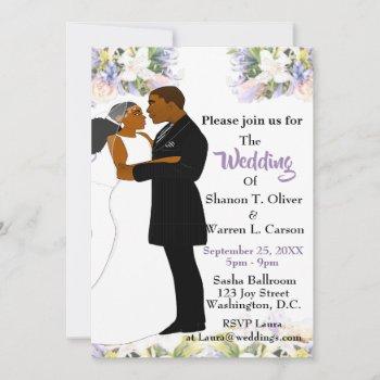 Small African American Bride & Groom Floral Wedding Invi Front View