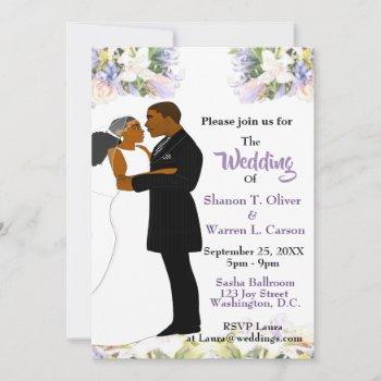 Small African American Bride & Groom Floral Wedding Invi Front View