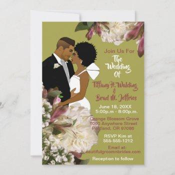 african american bride & groom gold & pink wedding invitation
