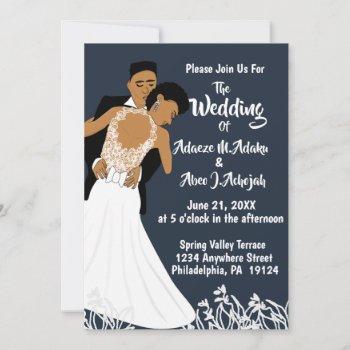 african american bride & groom navy blue wedding invitation