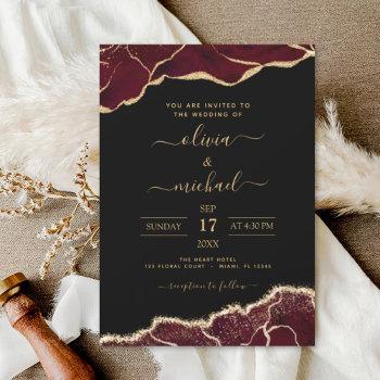 agate burgundy gold black modern wedding invitation