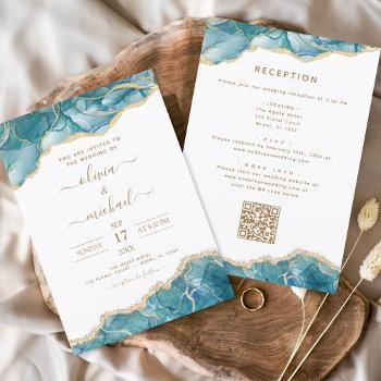 agate qr code turquoise teal gold wedding invitation