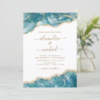 agate turquoise teal gold blue wedding invitation
