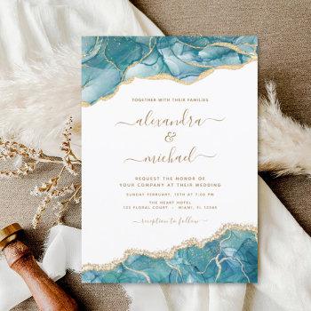agate turquoise teal gold blue wedding invitation