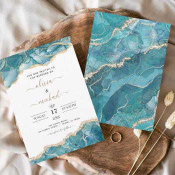 agate turquoise teal gold wedding invitation