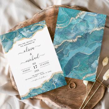 agate turquoise teal gold wedding invitation