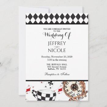 alice in wonderland checkered wedding invitation