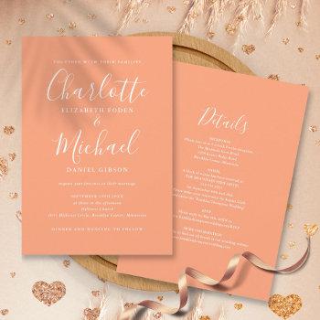 all in one elegant modern script peach wedding invitation