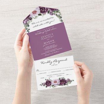 Small All In One Plum Peonies Romantic Wedding Invite Front View