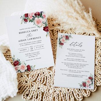 all in one rustic burgundy blush floral wedding invitation