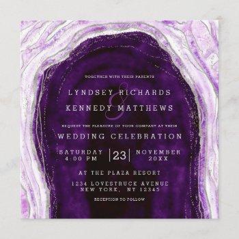 amethyst purple silver geode slice wedding square invitation