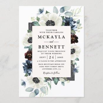 anemone dusty blue thistle burgundy floral wedding invitation