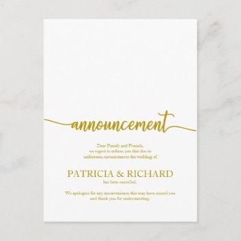 announcement cancelled wedding elegant gold script postcard