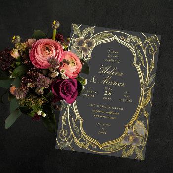 antique floral art nouveau wedding gray gold foil invitation