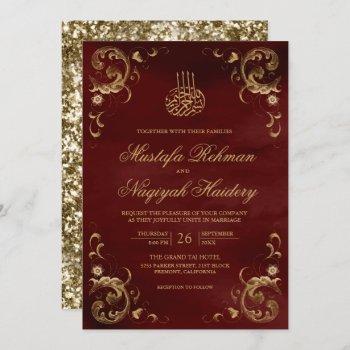 antique gold frame burgundy red islamic wedding invitation