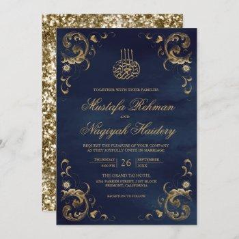 antique gold frame navy blue islamic wedding invitation