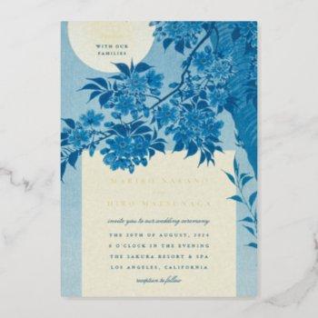 antique japanese blue cherry blossom wedding gold foil invitation