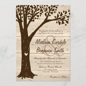 Small Antique Wood Carved Heart Tree Wedding Invites Front View