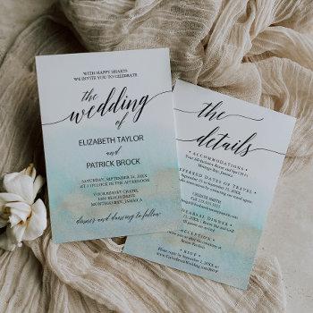 aqua and gold watercolor beach all in one wedding invitation