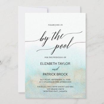aqua and gold watercolor by the pool wedding invitation
