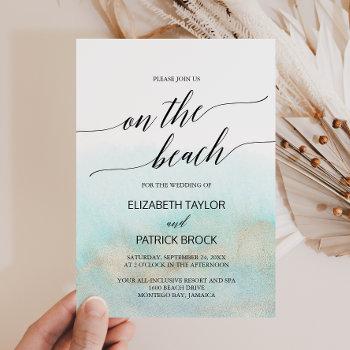aqua and gold watercolor on the beach wedding invitation
