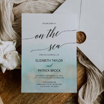 aqua and gold watercolor on the sea cruise wedding invitation