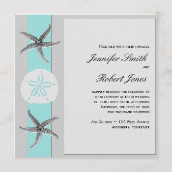 aqua and grey band starfish wedding invitation