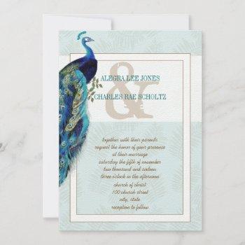 aqua blue and brown peacock wedding invitation