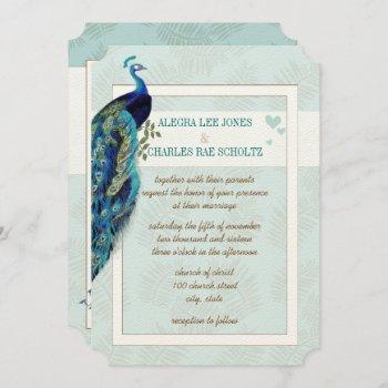 aqua blue and navy peacock wedding invitation