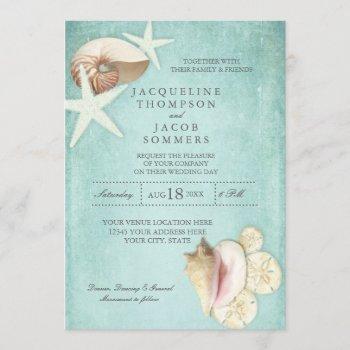 aqua blue beach ocean shell sand seashells wedding invitation