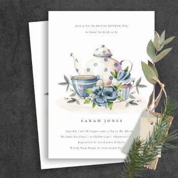 Small Aqua Blue Floral Teapot Cup Baby Shower Invite Front View