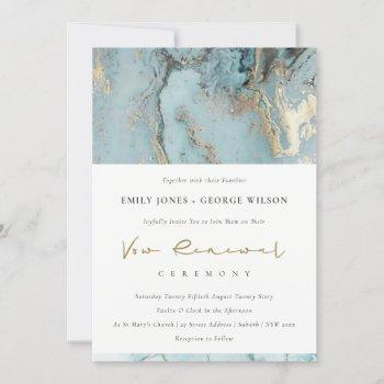 Small Aqua Dusky Blue Gold Agate Vow Renewal Invite Front View