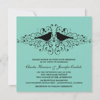 aqua love bird swirls wedding invitation