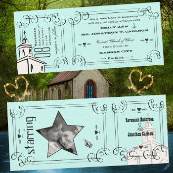 aqua romantic chapel ticket wedding invitation